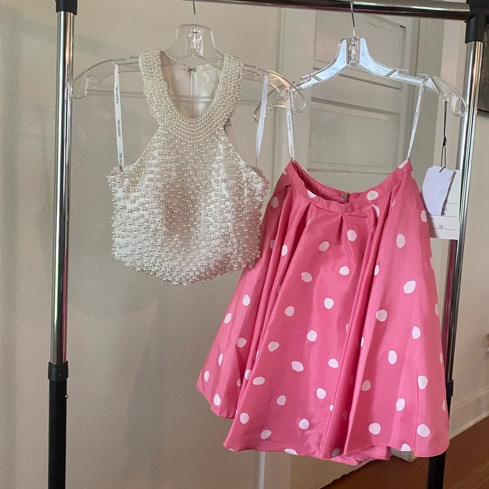 Sherri Hill Pearl White and Pink Polka Dot Prom Dress - Picture 1 of 5